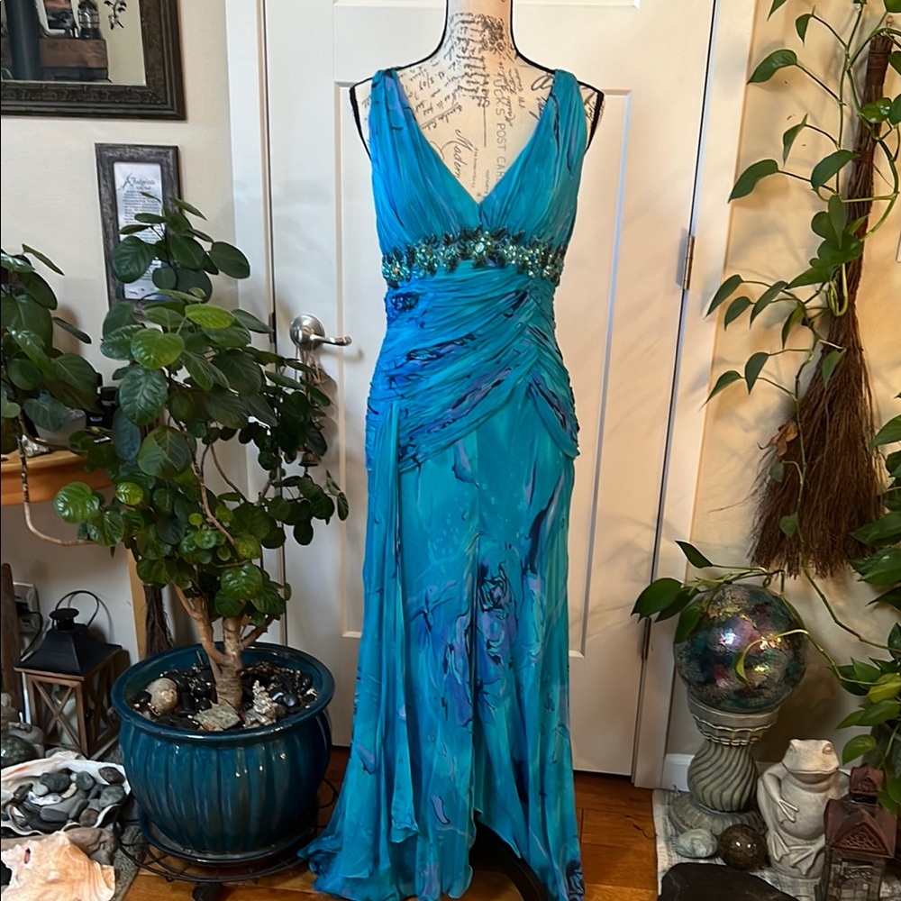 COPY - Sue Wong Turquoise Maxi Dress with Embellished Waist